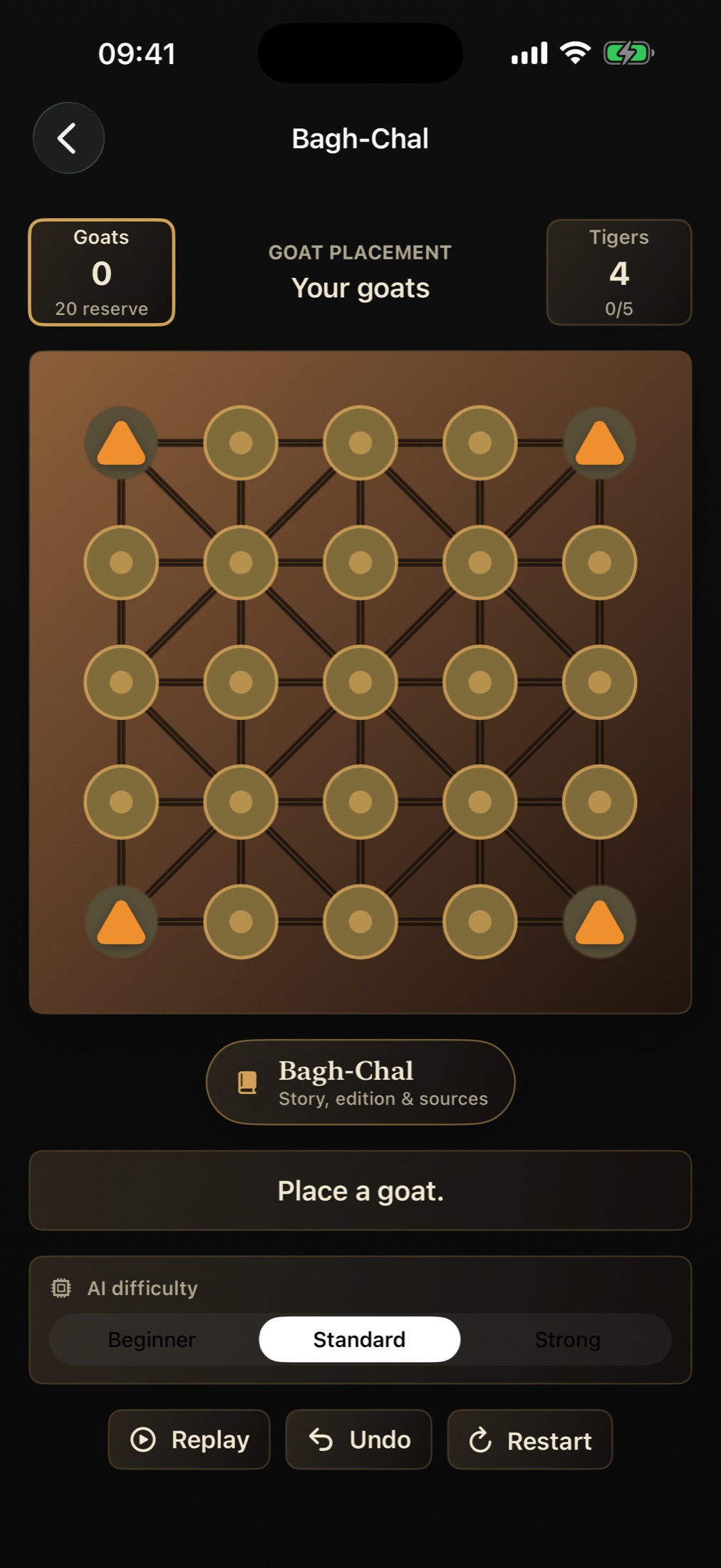 Forgotten Games Bagh-Chal app screen on iPhone