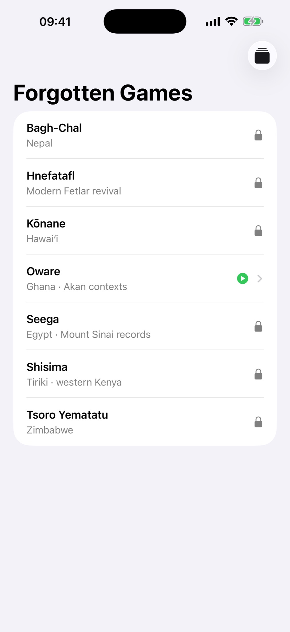 Forgotten Games collection screen on iPhone, with Oware included and six games available to unlock