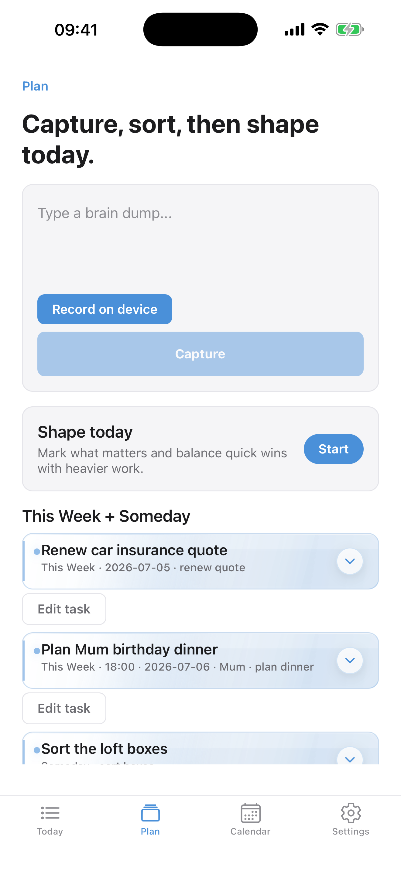 Organise My Days — Plan tab with guided day planning