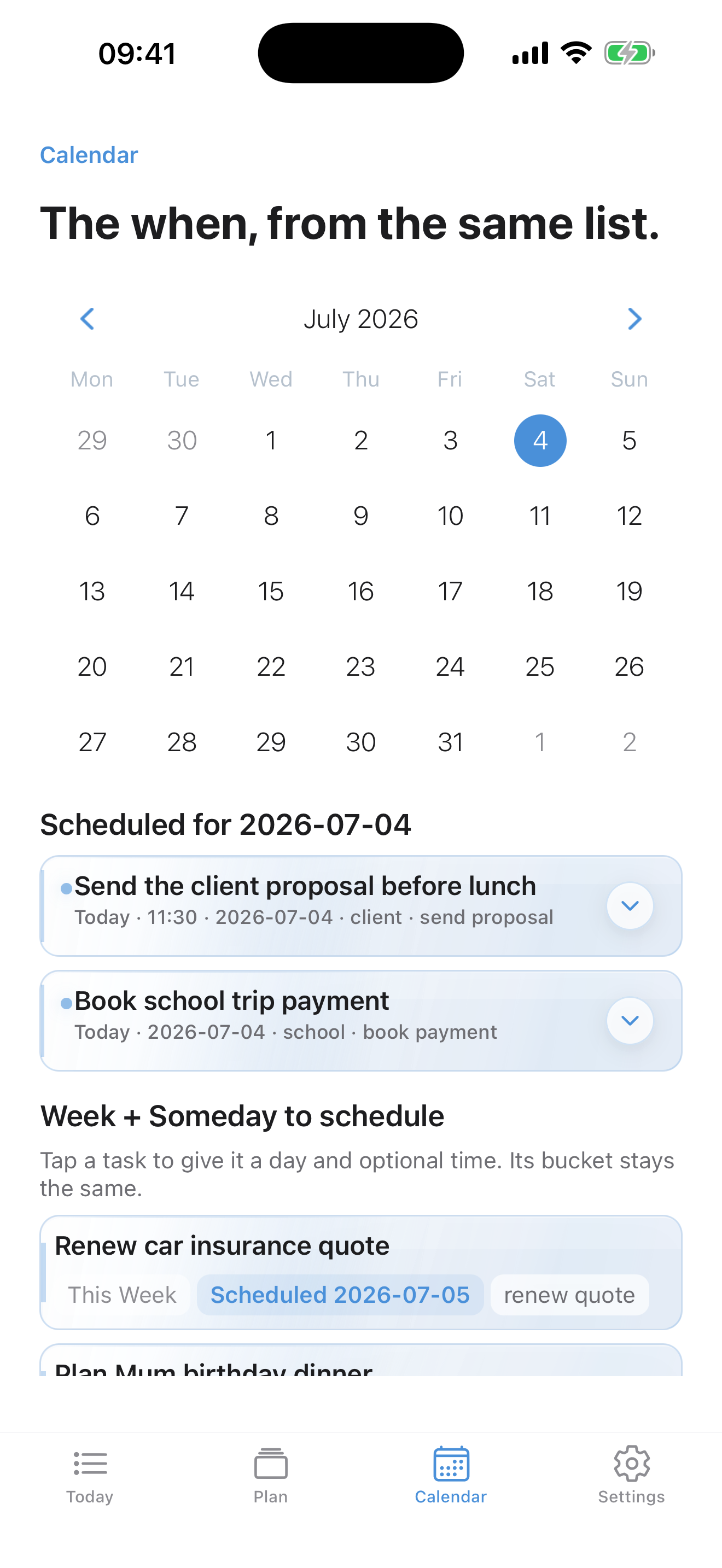 Organise My Days — month calendar view