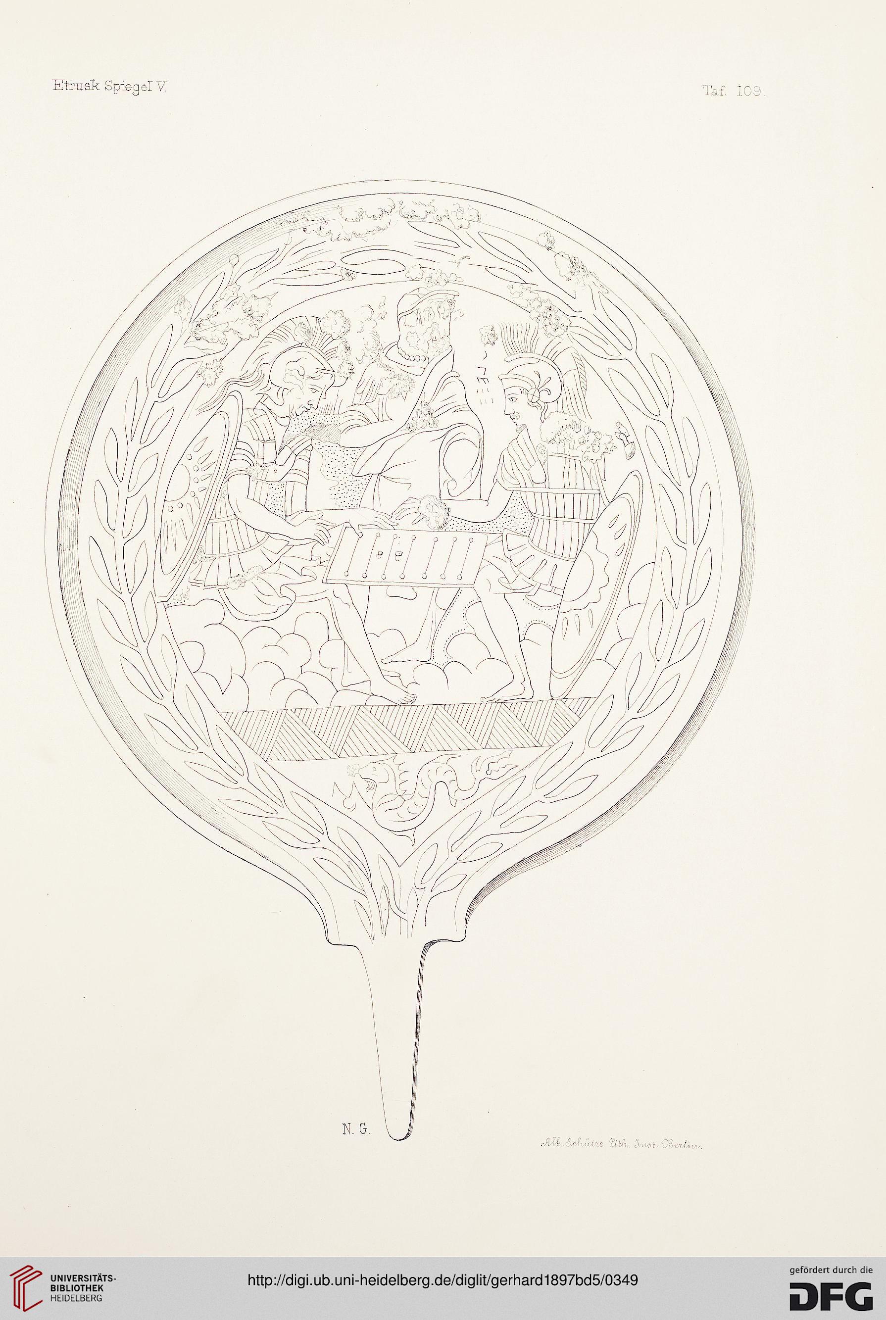 Nineteenth-century publication drawing of an Etruscan engraved mirror showing two armed figures at a board with seven parallel lines