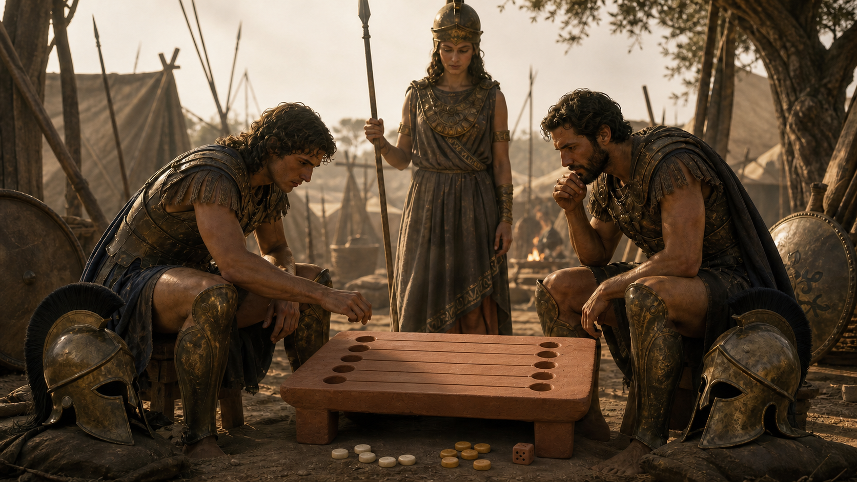 AI artist's impression of Achilles and Ajax in Archaic Greek armour considering a terracotta board with exactly five parallel lines and ten terminal cups while Athena watches; ivory counters and one die rest beside the board