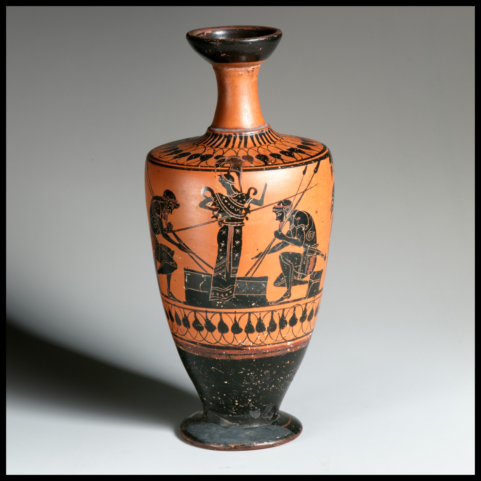 Attic black-figure lekythos showing Achilles and Ajax seated at a board game with Athena standing between them