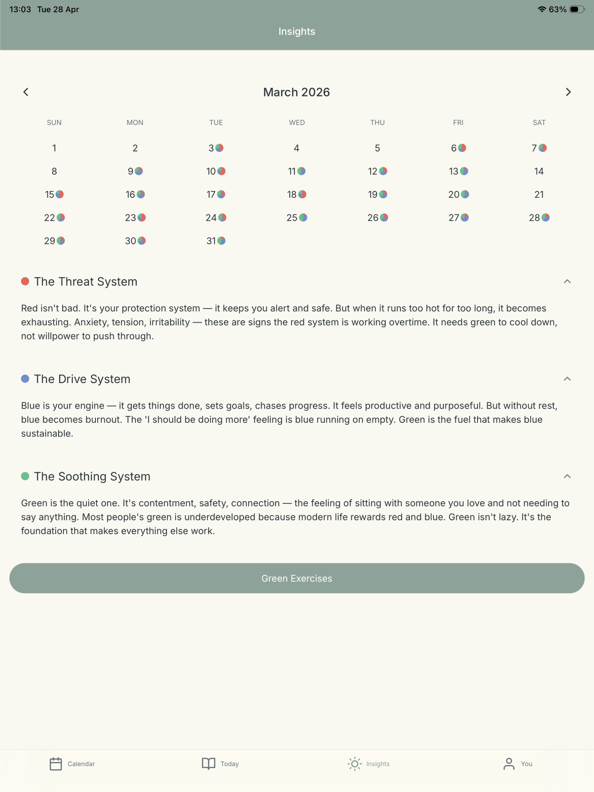Pause app emotional calendar showing colour-coded mood patterns